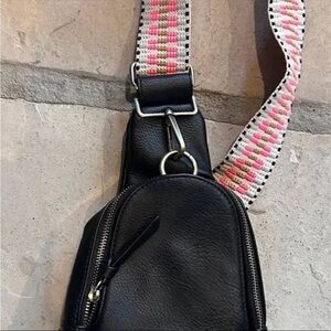 Anthropologie Black Crossbody Bag with Pink Strap
